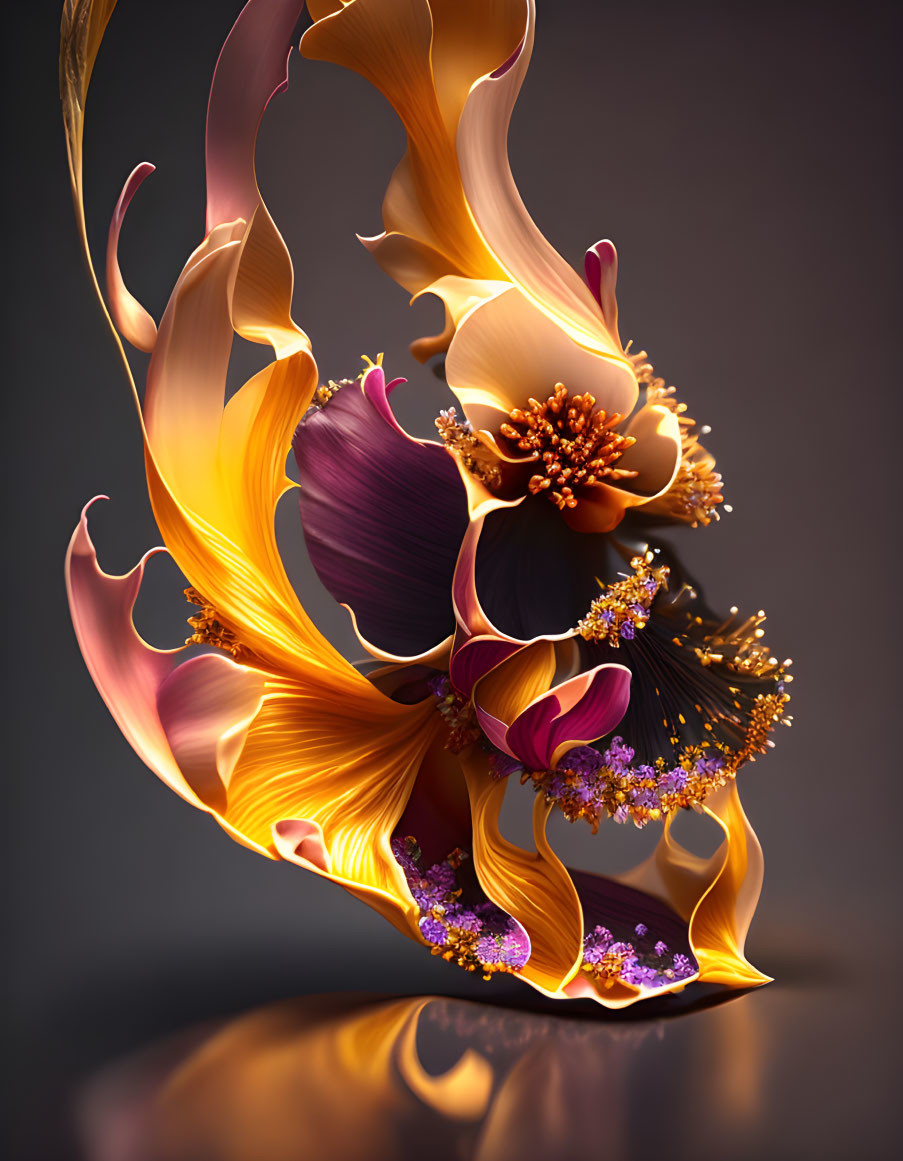 Abstract Floral Digital Art in Orange, Purple, and Yellow