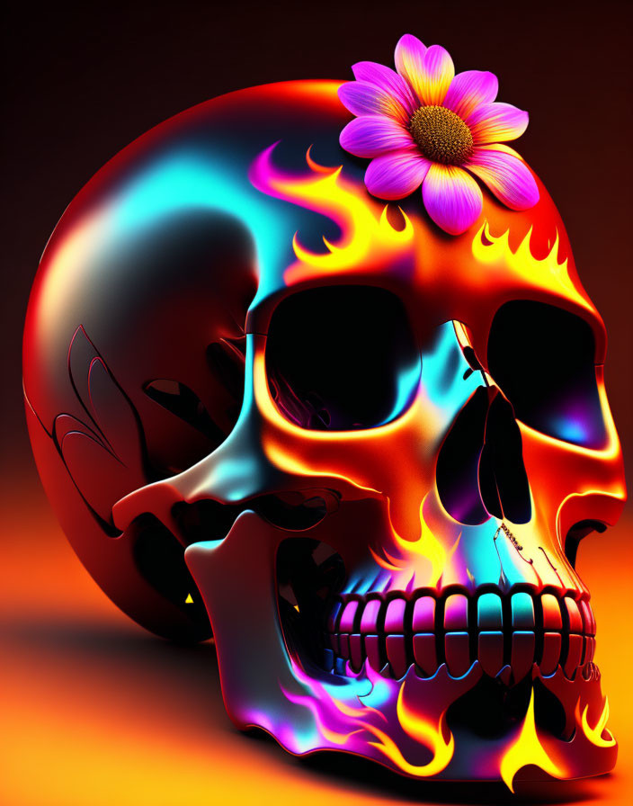 Colorful Skull with Neon Flames and Pink Flower on Dark Background