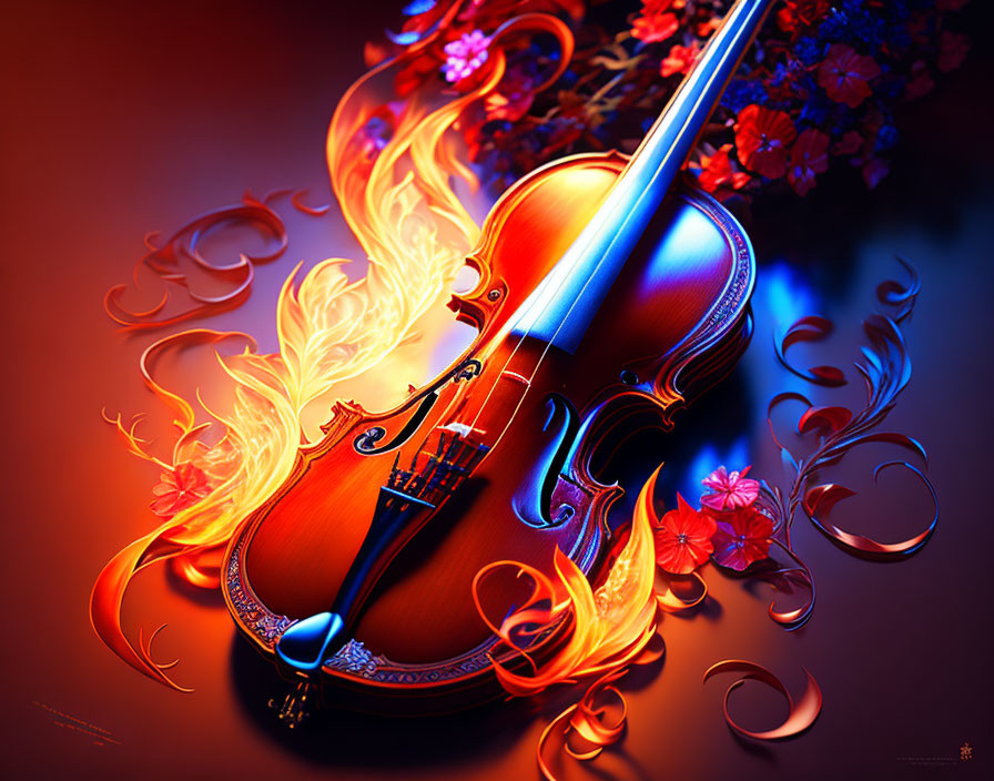 Flame and Floral Design Violin Art on Red and Blue Gradient Background