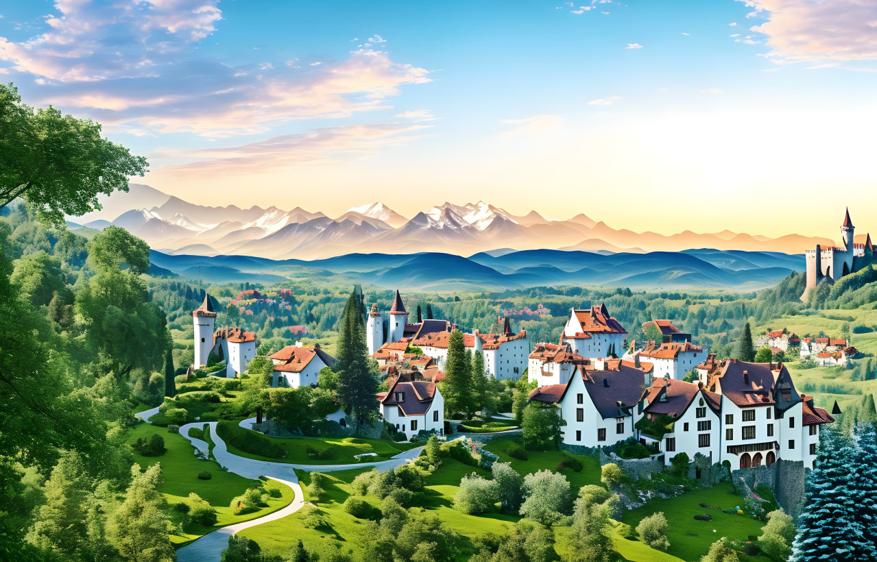 Scenic village with white buildings, red roofs, castle, mountains.