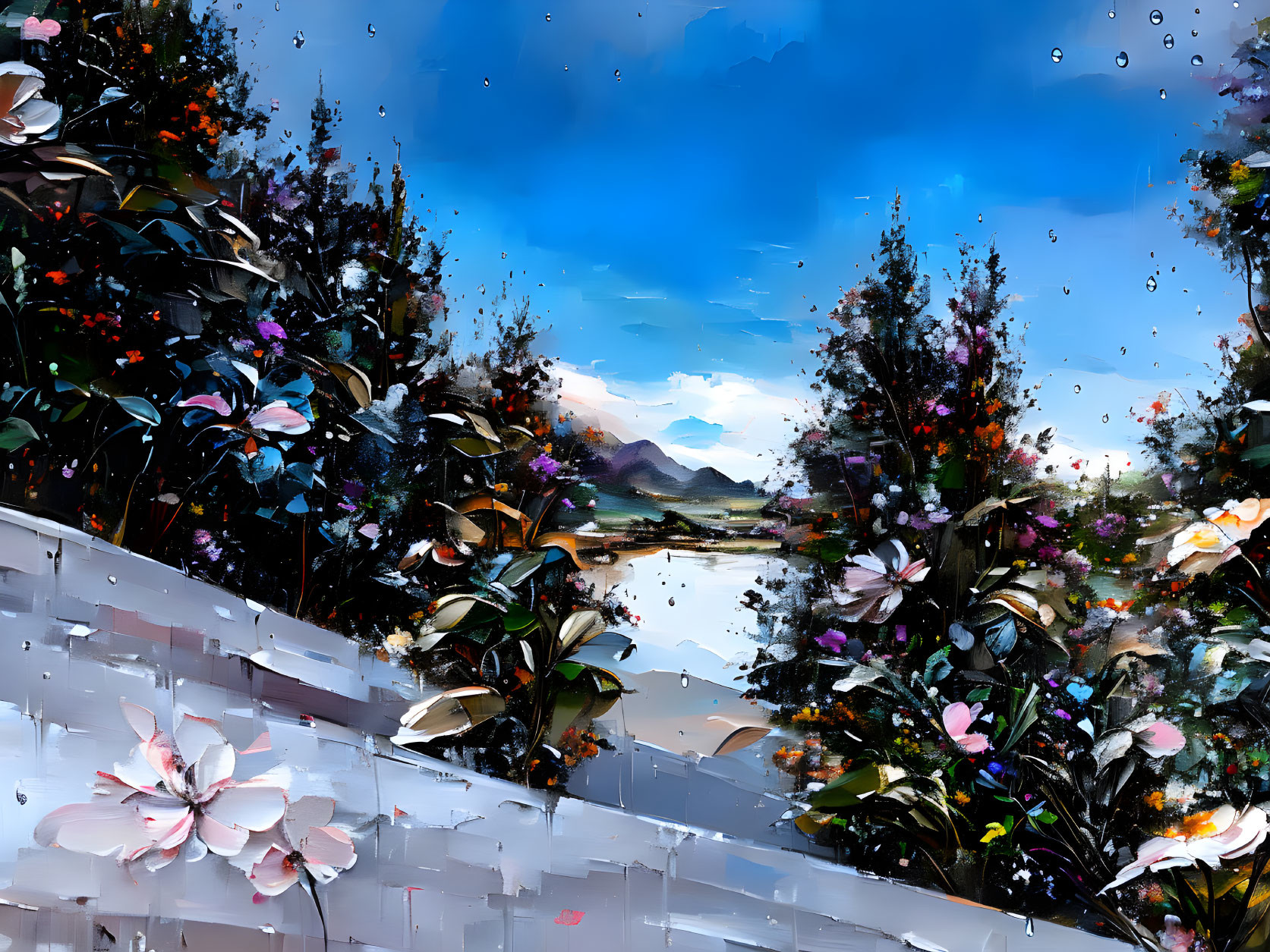 Colorful Painting of Flowers and Mountains with Droplets on Glass