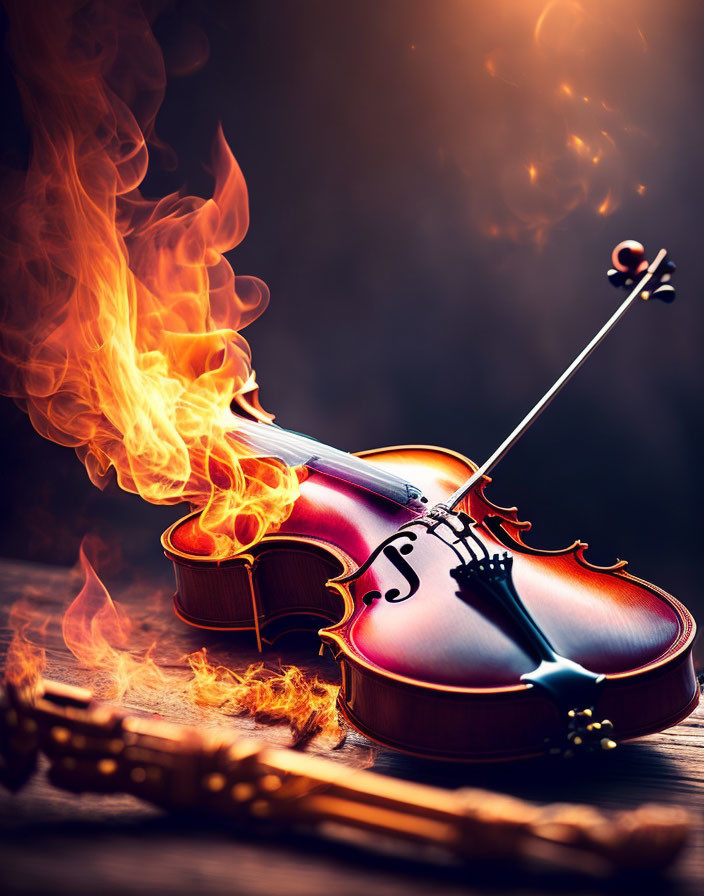 Flaming violin with bow on strings on dark background