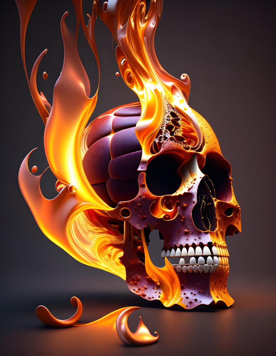 Human skull engulfed in orange and red flames on dark background