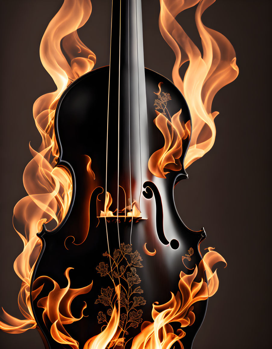 Flaming violin with foliage patterns on dark background