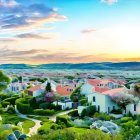 Scenic village with white buildings, red roofs, castle, mountains.