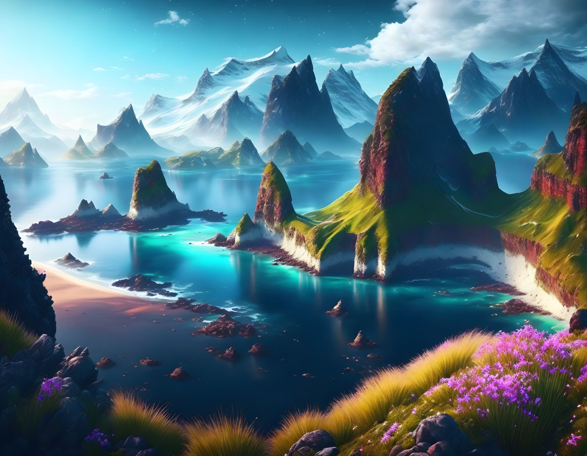 Tranquil landscape with blue waters, green islands, snowy peaks