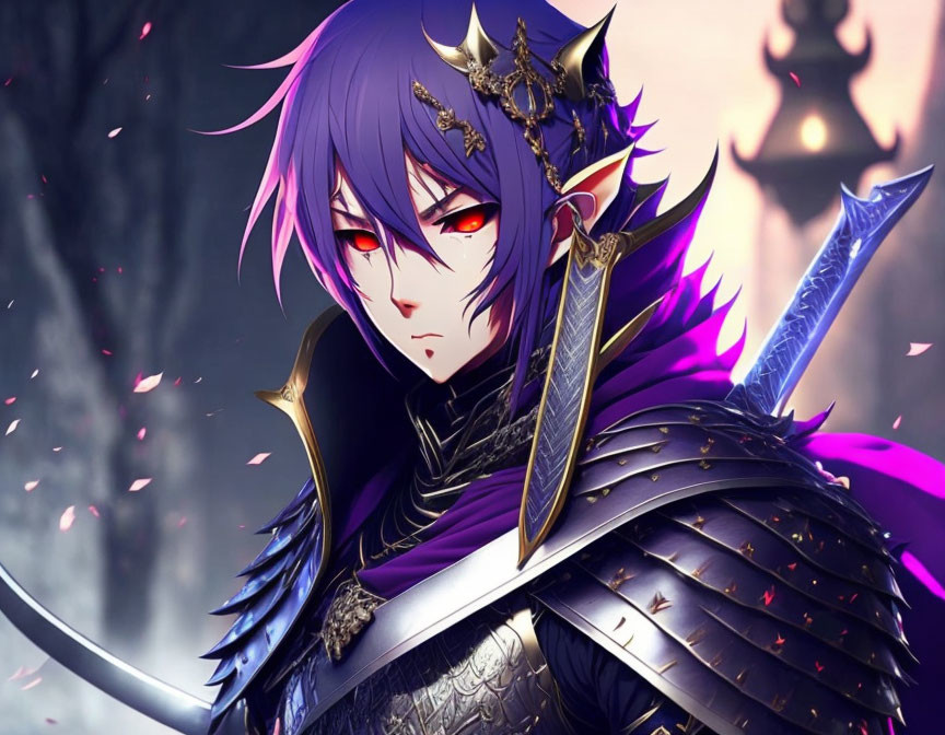 Purple-haired character in stylized armor wields sword against dark backdrop with falling petals