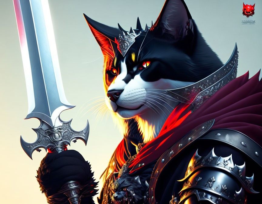 Majestic armored cat with royal mantle and ornate sword in fantasy art