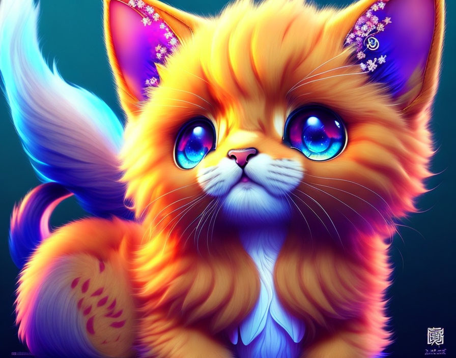 Colorful digital artwork: Orange fantasy kitten with blue eyes, adorned with flowers and jewelry