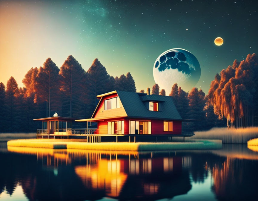 Tranquil lakeside house at dusk with starry sky, oversized moon, and forest backdrop