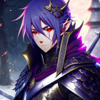 Purple-haired character in stylized armor wields sword against dark backdrop with falling petals