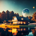 Tranquil lakeside house at dusk with starry sky, oversized moon, and forest backdrop