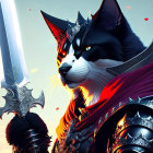 Majestic armored cat with royal mantle and ornate sword in fantasy art