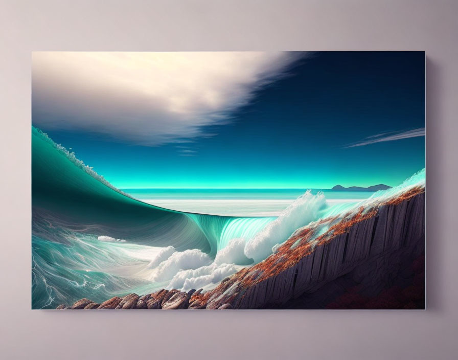 Surreal seascape with massive wave and rock formations in dynamic sky