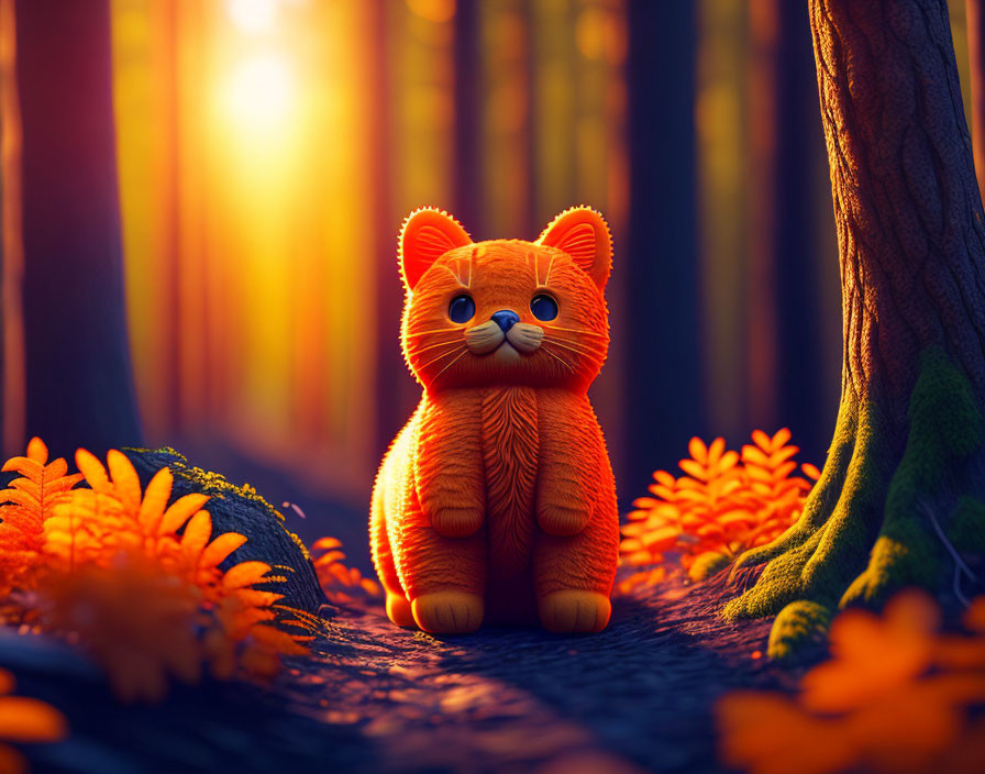 Stylized orange toy cat in forest setting with leaves and trees