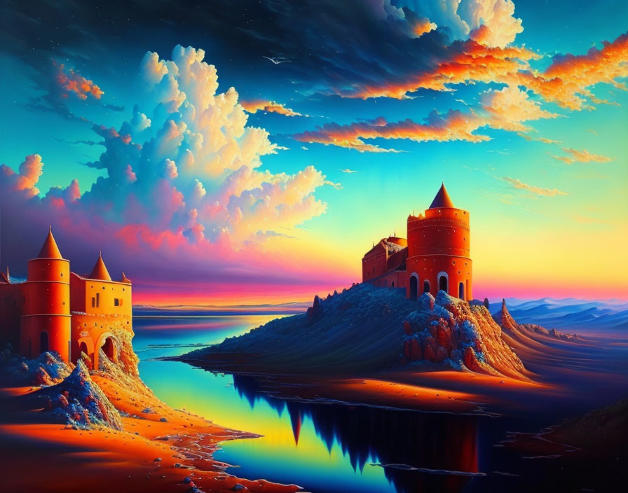 Castle with Red Roofs Sunset Reflection Digital Artwork