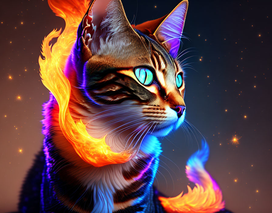 Digital Artwork: Cat with Blue Eyes in Flames on Starry Background