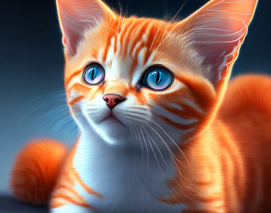 Orange Tabby Kitten with Blue Eyes and White Stripes on Dark Background