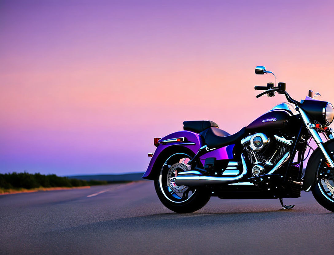 Motorcycle parked on open road under twilight sky with purple and pink hues