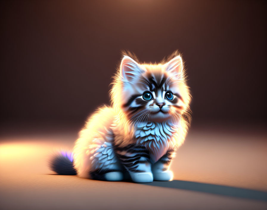 Fluffy 3D-rendered kitten with blue eyes and grey stripes on dark background