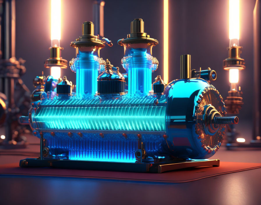 Futuristic machine with glowing blue tubes and intricate details on neon-lit backdrop