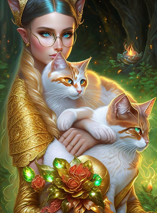 Elf woman with glasses holding cat in magical forest setting