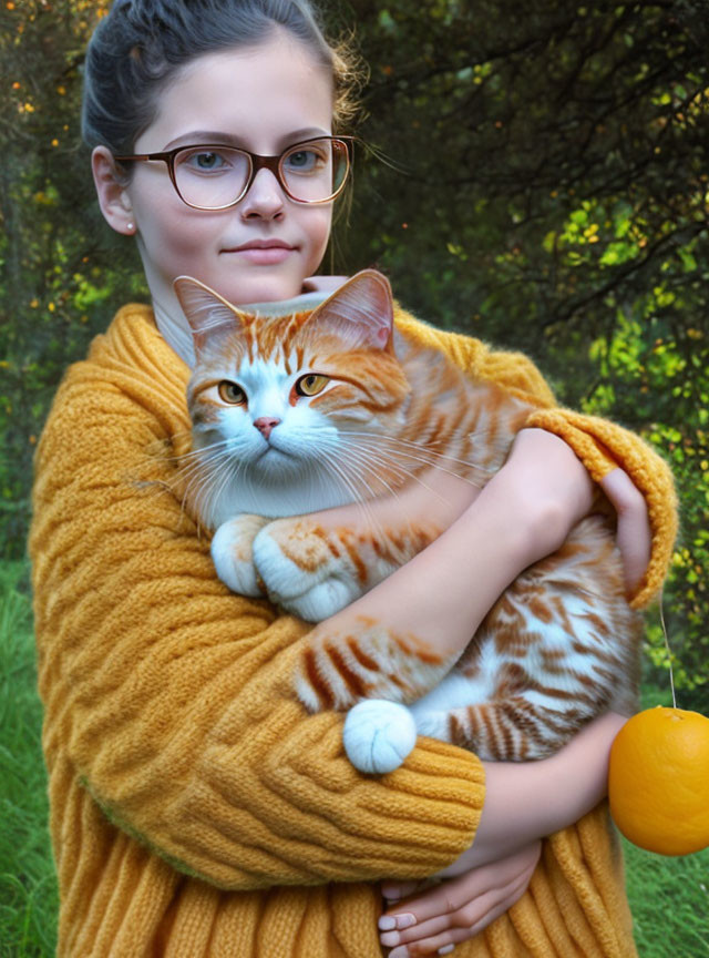 Young person in glasses holding ginger and white cat with lemon in nature setting