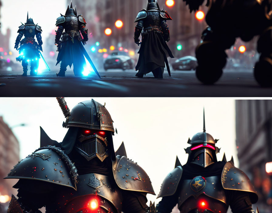 Two knights in ornate armor with glowing blue eyes in modern city street.