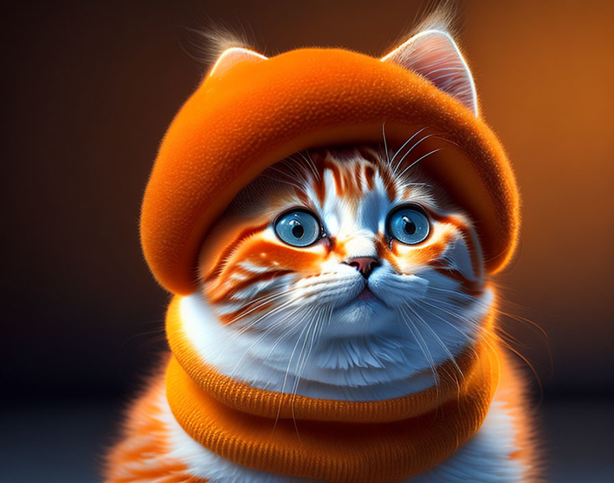 Vibrant orange cat in matching beret and sweater on dark backdrop