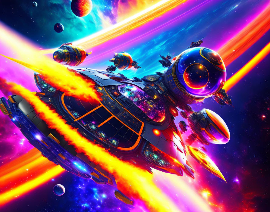 Colorful spaceship flying through vibrant space scene