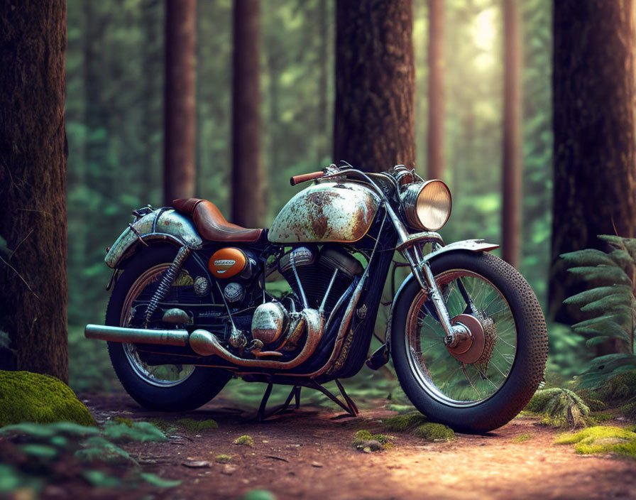 Vintage Motorcycle with Rusty Tank and Leather Saddle in Tranquil Forest