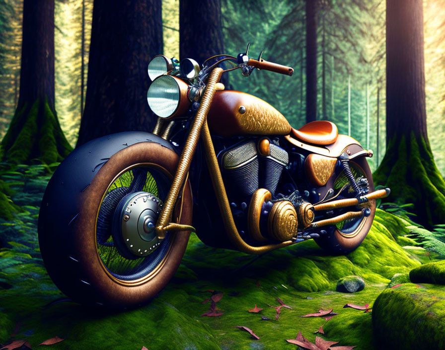 Bronze vintage custom motorcycle in lush forest sunlight