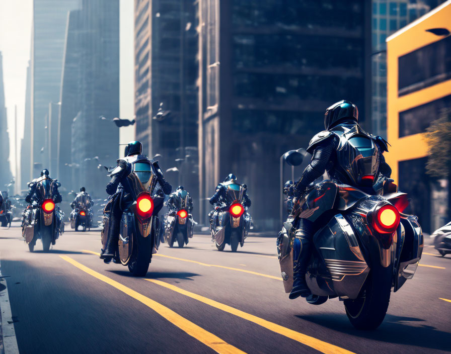Futuristic motorcyclists ride through cityscape with skyscrapers
