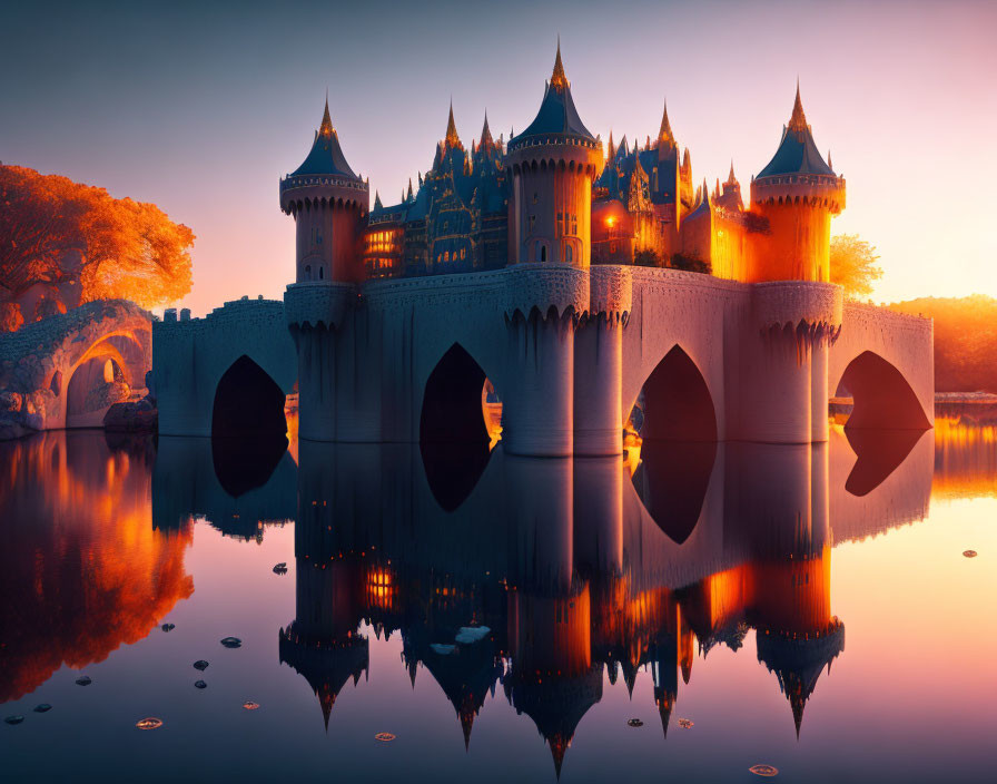 Fantastical castle with spires reflected in calm lake at sunset
