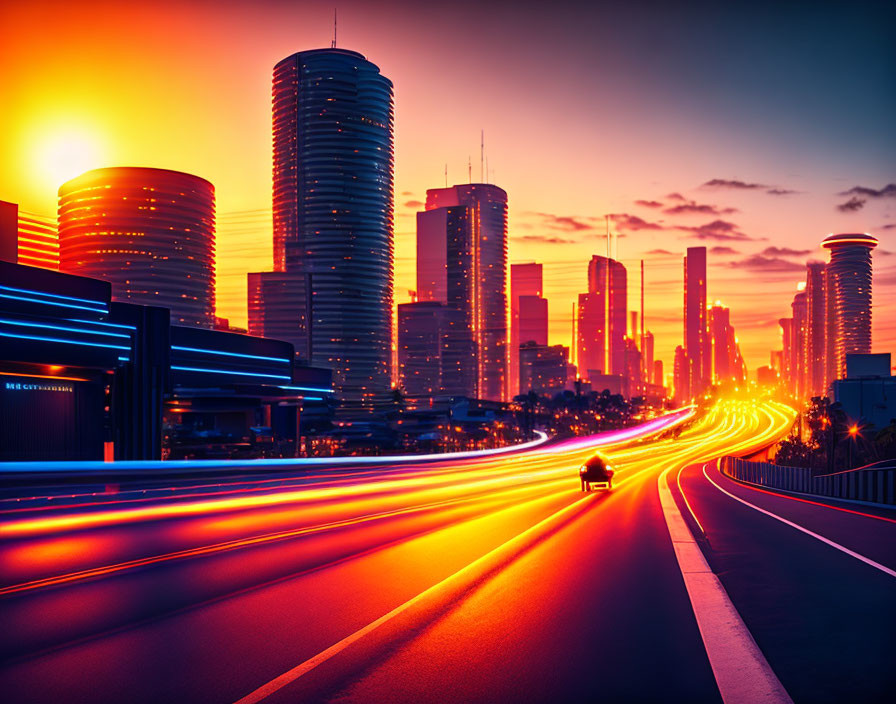 Cityscape sunset with modern skyscrapers and car light trails.