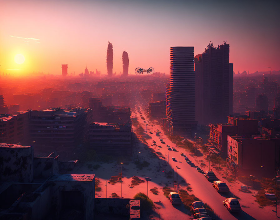 Futuristic city skyline at sunset with flying vehicles and skyscrapers