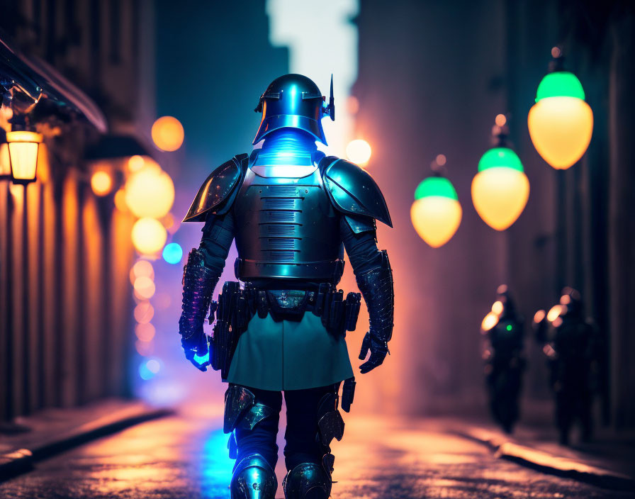 Futuristic knight in blue armor walking in moody alley with lanterns