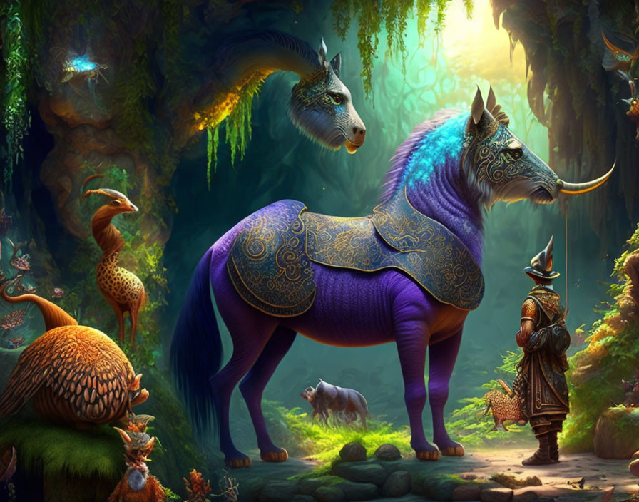 Vibrant unicorn, knight, and creatures in enchanted forest