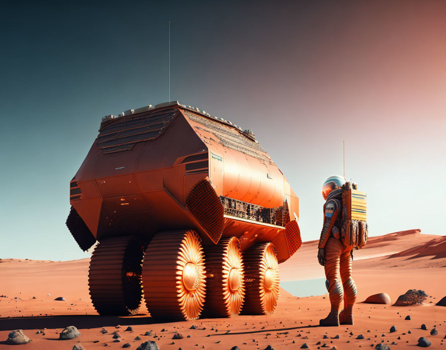 Astronaut in space suit with rover on Mars-like landscape