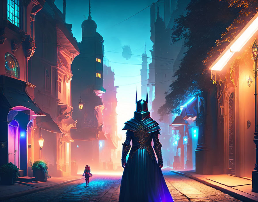 Knight in ornate armor in neon-lit fantasy city street with child under glowing streetlights