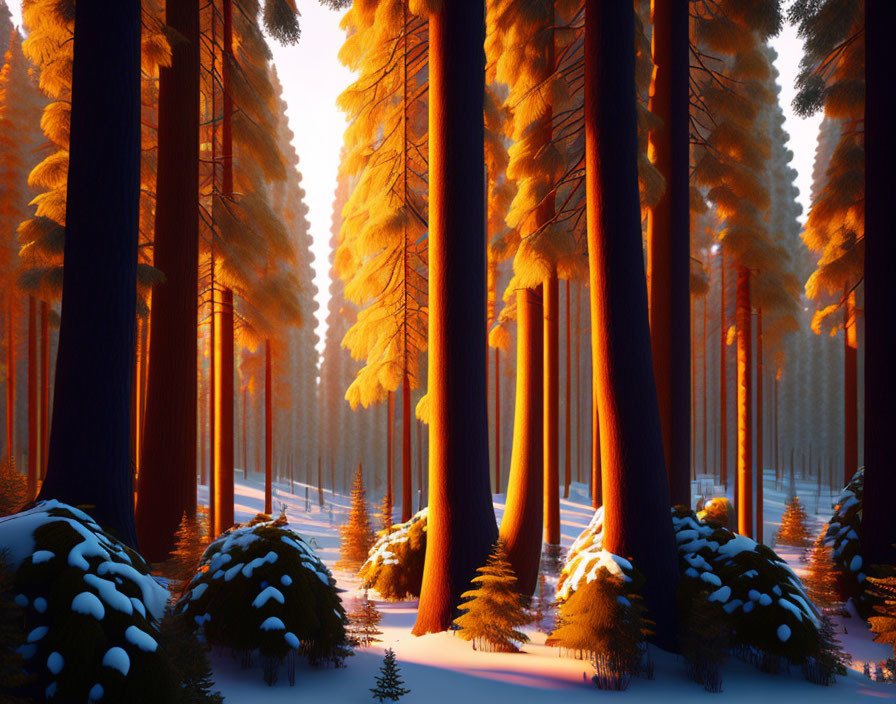 Snowy Winter Forest Scene with Tall Pine Trees and Warm Glow Lighting