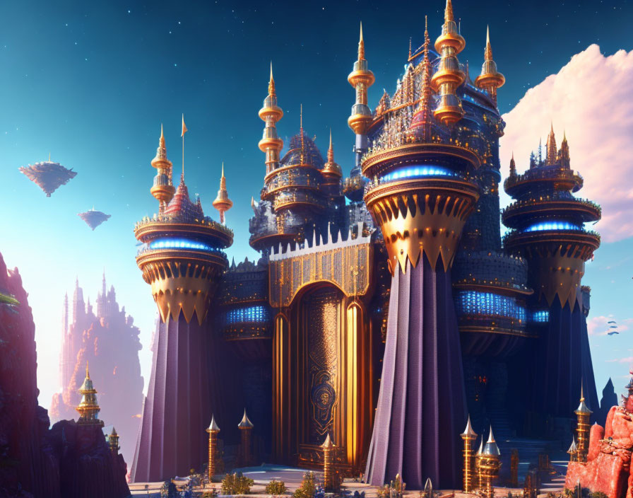 Majestic fantasy castle with soaring spires and floating islands