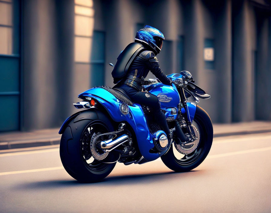 Motorcyclist in black attire with blue helmet on shiny blue motorcycle in urban setting