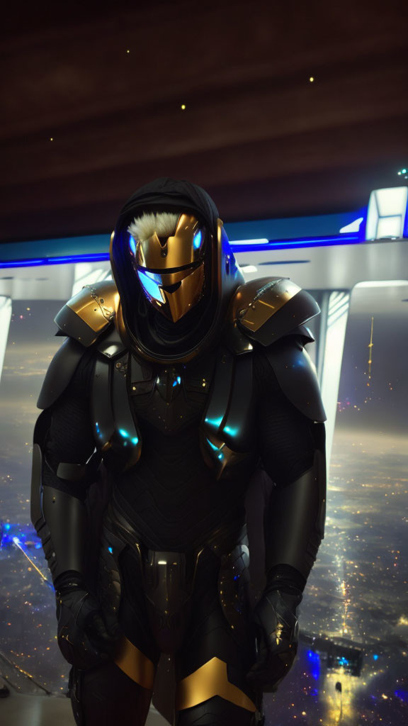 Futuristic black and gold armor suit with glowing blue accents indoors