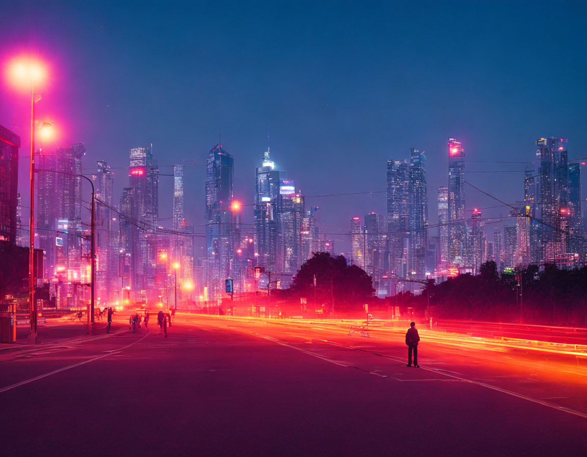 Twilight cityscape with neon lights, silhouette person, and blurred traffic trails