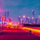 Twilight cityscape with neon lights, silhouette person, and blurred traffic trails