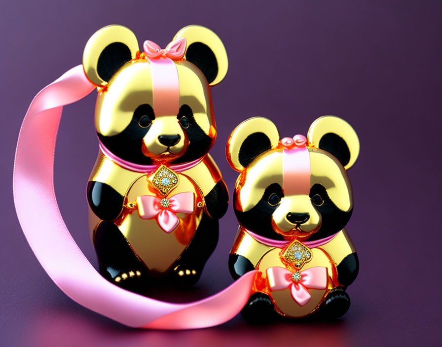 Golden panda figurines with gemstones and bows on purple background with pink ribbon