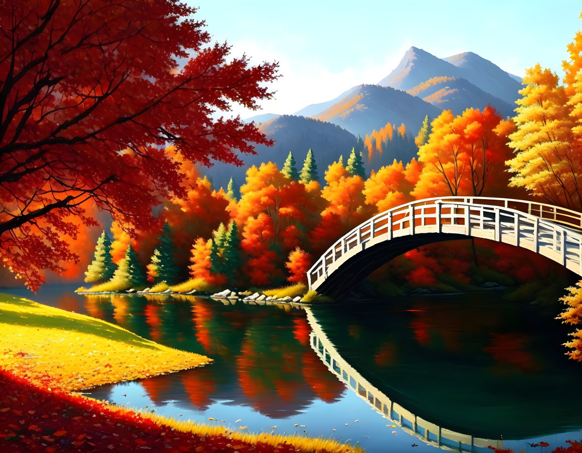 Scenic autumn landscape with white bridge, colorful trees, and mountains