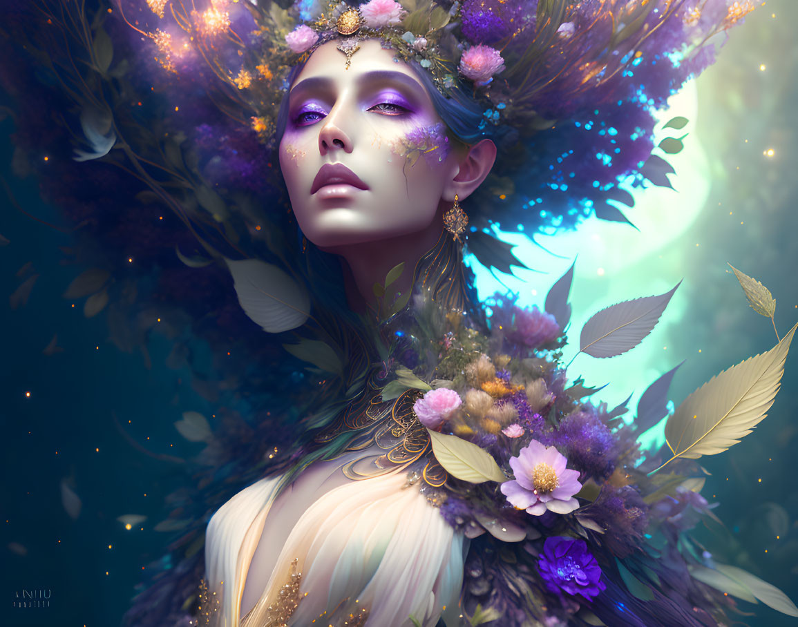 Ethereal woman with flowers and leaves in mystical glow on celestial backdrop