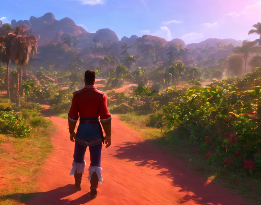 Character walking on dirt path to lush greenery, mountains, and sunrise